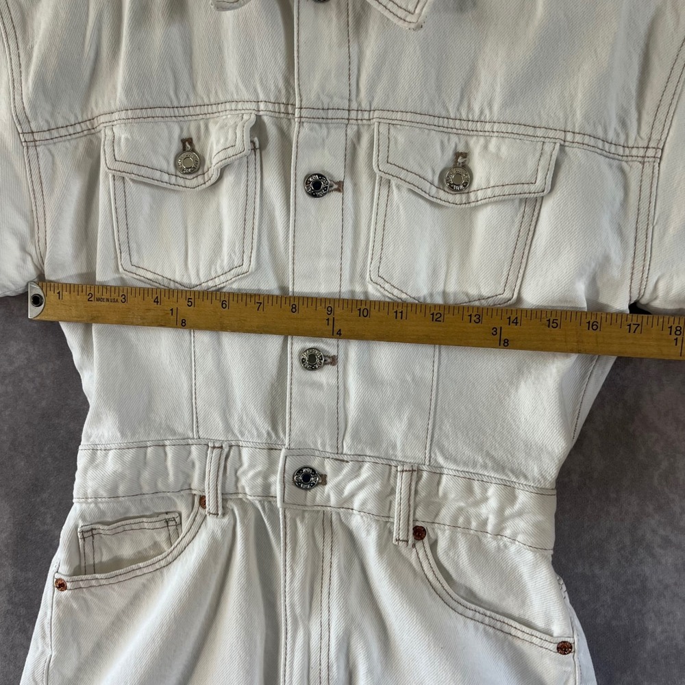 Zara Denim Romper Womens Size Small White Contrast Stitch Short Sleeve Utility - Picture 6 of 11